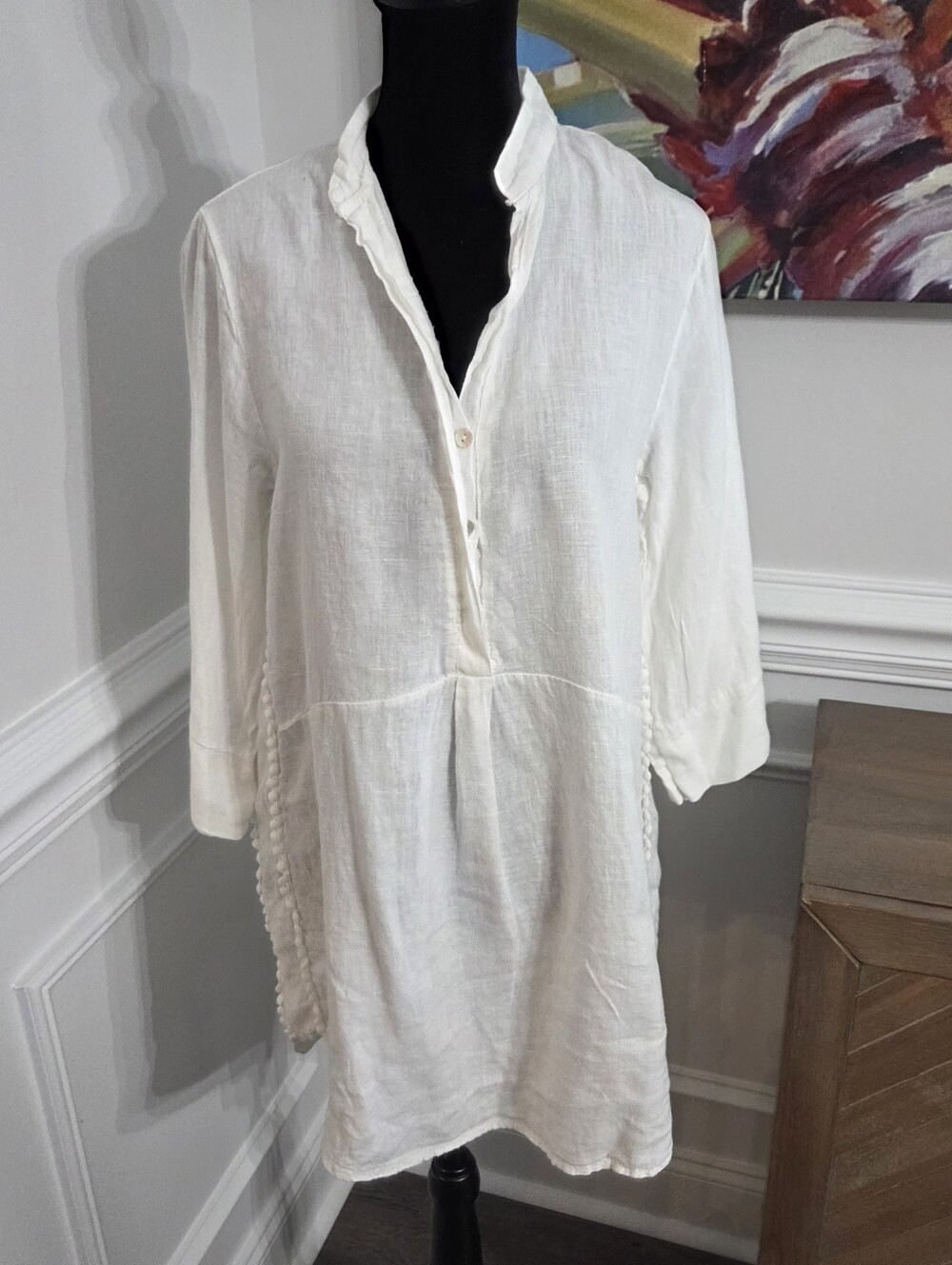 LAURA BIANCHI Linen Popover Tunic Top Sz Small White Coastal Beach Resort Italy